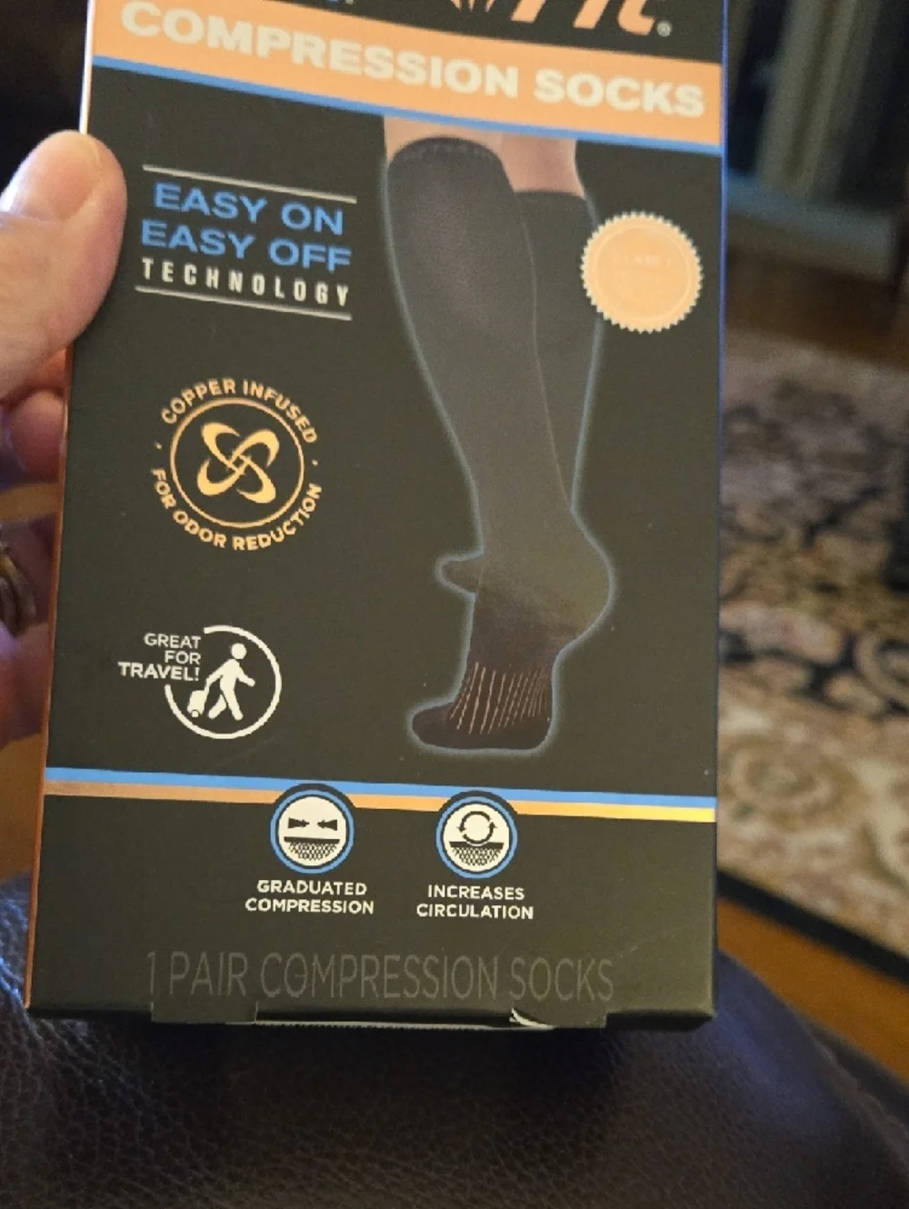Copper Fit 1 Pair Men's Energy Compression Socks Black Eady On Easy Off L/XL New